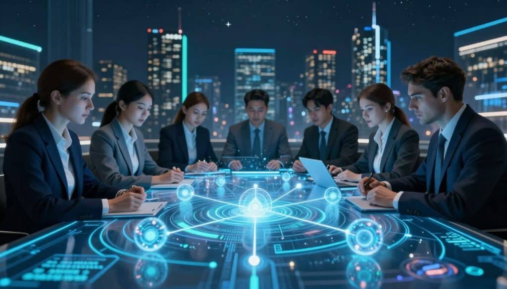 A futuristic visualization of a blockchain consensus mechanism in action. In the foreground, a sleek, digital interface displays swirling data nodes, represented as glowing orbs interconnected by luminous lines. The middle section showcases a diverse group of individuals in professional business attire, intently collaborating around a holographic table, analyzing the flow of data. Their expressions reflect focus and determination. In the background, a cityscape illuminated by neon lights symbolizes technological progress, while a starry sky adds a vastness to the scene. The lighting is dynamic, with a cool blue and green palette enhancing the high-tech atmosphere. The viewpoint is slightly elevated, providing a comprehensive view of the consensus process. The overall mood is one of innovation and teamwork, emphasizing efficiency and clarity in communication.