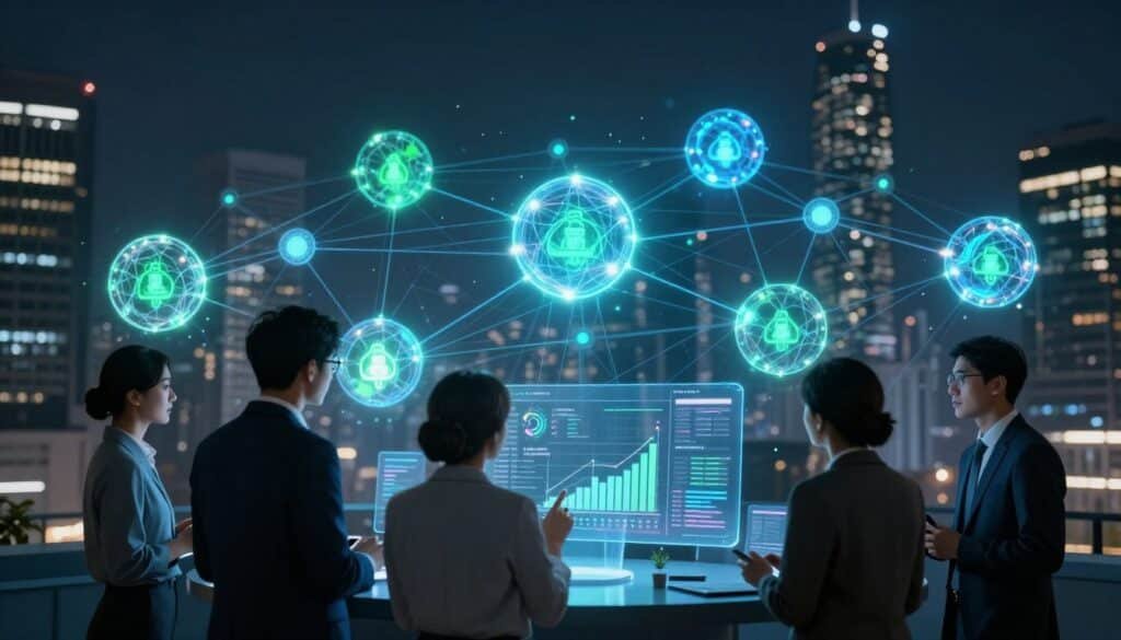 A futuristic visualization of a blockchain consensus network, showcasing interconnected nodes represented as glowing spheres, pulsing with neon blue and green light. In the foreground, a digital representation of a diverse group of professionals in business attire is engaged in discussion, analyzing a transparent holographic display of data metrics. The middle ground features abstract lines and circuits connecting the nodes, emphasizing collaboration and synchronization among participants. The background is a dark, sleek cityscape filled with towering buildings, subtly illuminated to enhance a high-tech atmosphere. The scene is captured from a slightly elevated angle, with a soft focus on the glowing nodes, creating a dynamic yet professional mood, ideal for understanding complex blockchain mechanisms.