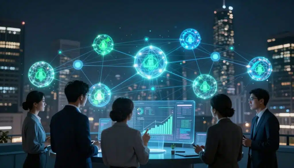 A futuristic visualization of a blockchain consensus network, showcasing interconnected nodes represented as glowing spheres, pulsing with neon blue and green light. In the foreground, a digital representation of a diverse group of professionals in business attire is engaged in discussion, analyzing a transparent holographic display of data metrics. The middle ground features abstract lines and circuits connecting the nodes, emphasizing collaboration and synchronization among participants. The background is a dark, sleek cityscape filled with towering buildings, subtly illuminated to enhance a high-tech atmosphere. The scene is captured from a slightly elevated angle, with a soft focus on the glowing nodes, creating a dynamic yet professional mood, ideal for understanding complex blockchain mechanisms.