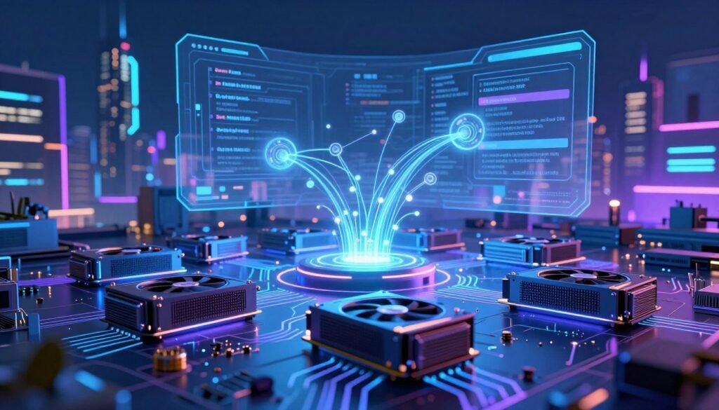 A high-tech digital landscape illustrating the concept of a render network with GPU compute capabilities. In the foreground, visual representations of powerful graphics processing units arranged in a circuit board style, emitting glowing light. The middle ground features a sleek virtual interface that shows job submissions flowing through interconnected nodes, represented as glowing orbs. In the background, a futuristic city skyline is visible, illuminated by vibrant neon colors, symbolizing technological advancement. The overall atmosphere should be dynamic and innovative, with a blue and purple color palette creating a sense of depth. Soft lighting highlights the intricate details of the GPUs and the interface, while a low-angle perspective adds to the grandeur of the scene, capturing the essence of high-performance computing. A high-tech digital landscape illustrating the concept of a render network with GPU compute capabilities. In the foreground, visual representations of powerful graphics processing units arranged in a circuit board style, emitting glowing light. The middle ground features a sleek virtual interface that shows job submissions flowing through interconnected nodes, represented as glowing orbs. In the background, a futuristic city skyline is visible, illuminated by vibrant neon colors, symbolizing technological advancement. The overall atmosphere should be dynamic and innovative, with a blue and purple color palette creating a sense of depth. Soft lighting highlights the intricate details of the GPUs and the interface, while a low-angle perspective adds to the grandeur of the scene, capturing the essence of high-performance computing.