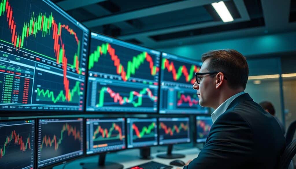 A high-tech trading platform workspace showcasing multiple digital candlestick charts on large screens. In the foreground, a professional in business attire is intently analyzing a vibrant candlestick chart filled with green and red bars, indicating market fluctuations. The middle ground displays an array of screens, each showing different cryptocurrency charts with varied time frames and indicators. The background features a sleek, modern office with subtle neon lighting, creating a dynamic and focused atmosphere. The scene is illuminated with soft, cool lighting, emphasizing the screens while keeping the overall mood serious and businesslike. The camera angle captures the workspace in a slightly elevated perspective, conveying a sense of depth and engagement in the trading process. No text or overlays are present.