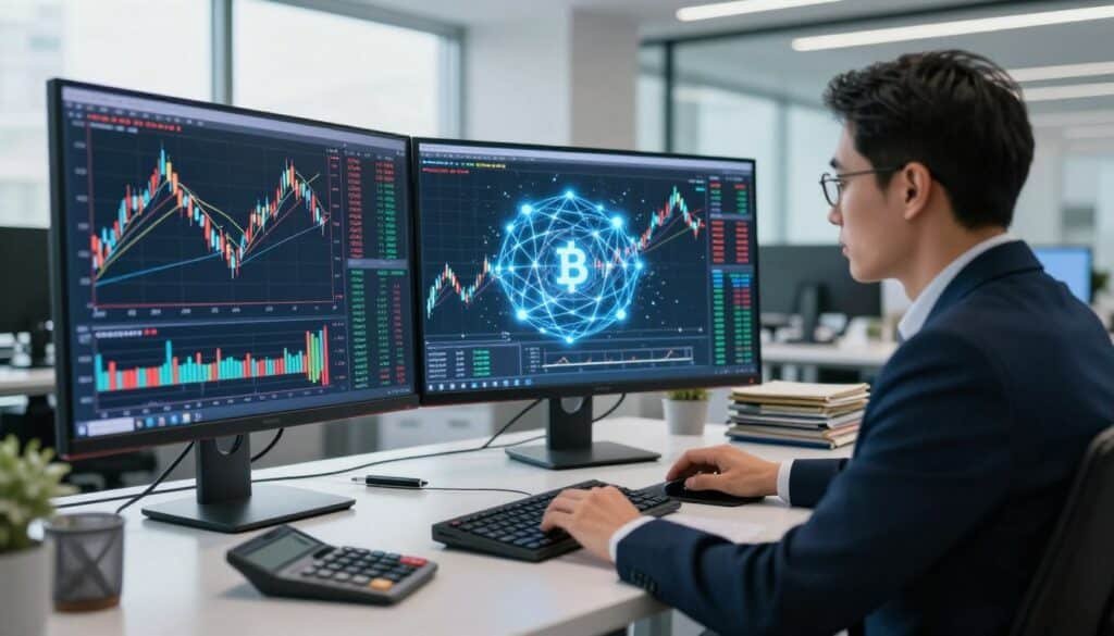 A highly detailed and visually striking image depicting technical analysis in cryptocurrency markets. In the foreground, a professional financial analyst is actively examining a large computer screen filled with vibrant candlestick charts, trend lines, and technical indicators, dressed in smart business attire. In the middle ground, stacks of digital assets and a glowing blockchain network diagram create a sense of depth, accompanied by various analytical tools such as a calculator and notepad. The background features a modern, sleek office environment with large windows, allowing natural light to illuminate the scene, creating a focused yet dynamic atmosphere. The overall mood is one of professionalism and intensity, as the analyst navigates the complexities of market data and insights. A highly detailed and visually striking image depicting technical analysis in cryptocurrency markets. In the foreground, a professional financial analyst is actively examining a large computer screen filled with vibrant candlestick charts, trend lines, and technical indicators, dressed in smart business attire. In the middle ground, stacks of digital assets and a glowing blockchain network diagram create a sense of depth, accompanied by various analytical tools such as a calculator and notepad. The background features a modern, sleek office environment with large windows, allowing natural light to illuminate the scene, creating a focused yet dynamic atmosphere. The overall mood is one of professionalism and intensity, as the analyst navigates the complexities of market data and insights.