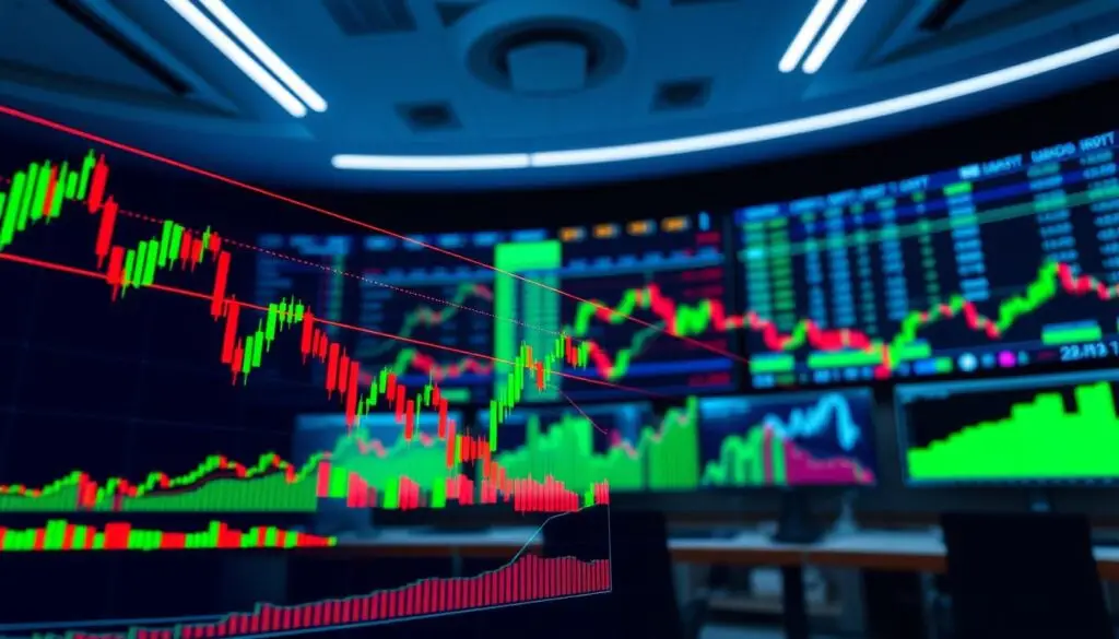 A highly detailed and visually striking representation of technical indicators used in trading, specifically focused on bullish divergence. In the foreground, a vibrant graph displays lines and candlestick patterns, illustrating upward price movements complemented by a contrasting downward momentum on an indicator line. In the middle, an array of essential technical indicators like MACD and RSI are highlighted, represented by colorful curves and bars. The background features a sleek, modern office environment with large screens displaying live market data, casting soft blue and green lighting, creating a professional atmosphere. Use a wide-angle lens to capture depth and focus, ensuring clarity of the graphical details while maintaining a sense of dynamism. The overall mood should be optimistic and insightful, perfect for traders looking to enhance their skills.