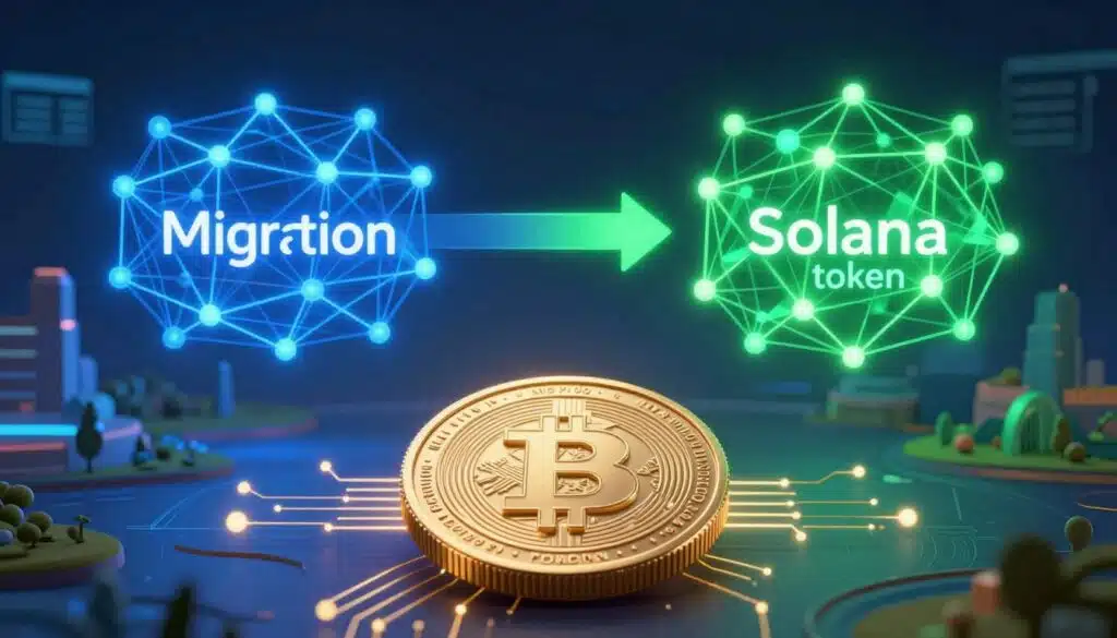 A highly detailed illustration representing a "migration token" for blockchain technology, emphasizing the transition from one network to another. In the foreground, showcase a stylized digital token with intricate designs symbolizing data flow, surrounded by glowing circuits. In the middle ground, depict a visual metaphor for migration, like arrows or data streams moving from a vibrant blue network on the left to a dynamic green network on the right, symbolizing the move to the Solana blockchain. The background features abstract digital landscapes, representing innovative technology and the digital realm, illuminated by soft, futuristic lighting. The overall mood should be dynamic and inspiring, reflecting progress and advancement in digital currency systems. A highly detailed illustration representing a "migration token" for blockchain technology, emphasizing the transition from one network to another. In the foreground, showcase a stylized digital token with intricate designs symbolizing data flow, surrounded by glowing circuits. In the middle ground, depict a visual metaphor for migration, like arrows or data streams moving from a vibrant blue network on the left to a dynamic green network on the right, symbolizing the move to the Solana blockchain. The background features abstract digital landscapes, representing innovative technology and the digital realm, illuminated by soft, futuristic lighting. The overall mood should be dynamic and inspiring, reflecting progress and advancement in digital currency systems.