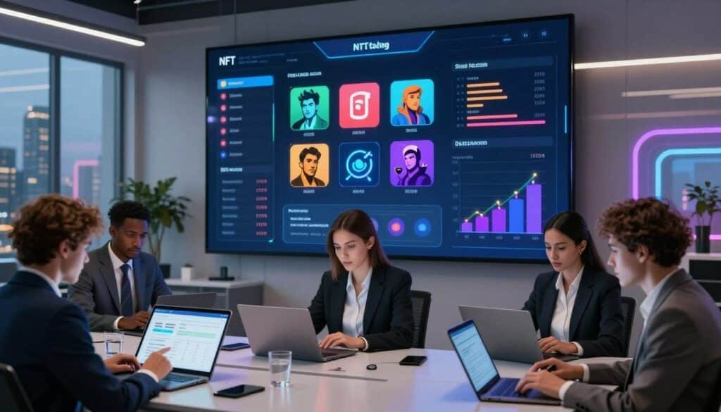 A modern NFT staking platform, showcasing a sleek digital interface with vibrant graphics of NFTs in various forms such as art, music, and games. In the foreground, a diverse group of individuals in professional business attire, intently analyzing their staking options on tablets and laptops, exuding focus and collaboration. The middle ground features a large, illuminated screen displaying real-time staking statistics and rewards, with colorful charts and dynamic visuals. The background features a futuristic office space, illuminated by soft ambient lighting, with large windows overlooking a city skyline at dusk. The overall mood is innovative and engaging, conveying a sense of excitement and opportunity in the world of NFT staking.