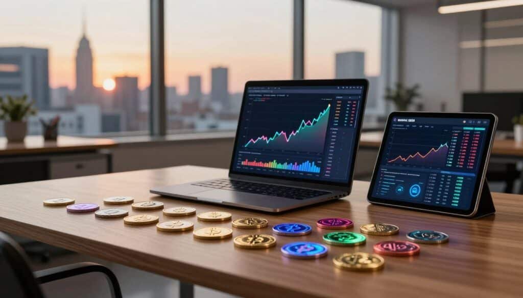 A modern and sleek office workspace portraying portfolio assets in a diversified AI crypto investment theme for 2026. In the foreground, a polished wooden desk features a well-organized arrangement of various crypto tokens represented as colorful digital coins and futuristic charts showcasing upward trends. The middle ground includes a laptop displaying analytical graphs and a tablet with a detailed portfolio breakdown. In the background, large windows offer a panoramic city skyline, illuminated by a warm sunset glow. The overall atmosphere is professional and optimistic, suggesting growth and innovation in the AI crypto market. Soft lighting accents the tech elements, and the focus is sharp, inviting the viewer into this dynamic financial environment.