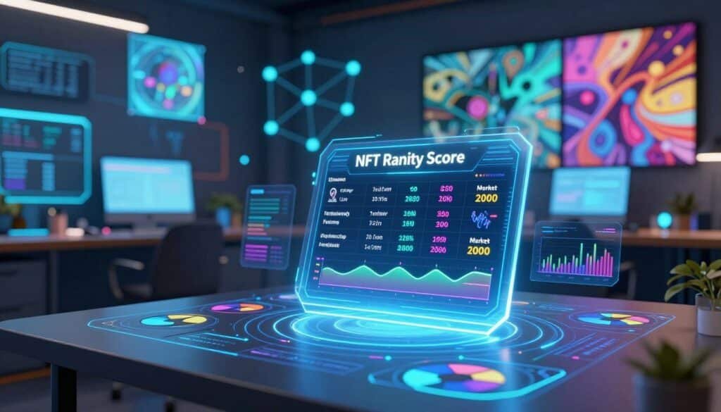 A modern and vibrant infographic depicting an "NFT Rarity Score" concept. Foreground: a central focus on a glowing, futuristic digital scorecard displaying various NFT attributes like rarity, uniqueness, and market value; layers of colorful charts and graphs surrounding it, showcasing data visualizations. Middle: a sleek, high-tech workspace environment with holographic displays and virtual interfaces, suggesting advanced technology and analysis. Background: abstract representations of blockchain networks and digital art pieces, creating a dynamic and engaging space. Soft ambient lighting sets a professional yet innovative mood, emphasizing the importance of data in today's NFT market. The perspective is slightly angled, giving depth to the image while maintaining clarity on the key elements, ensuring a polished and cohesive look. A modern and vibrant infographic depicting an "NFT Rarity Score" concept. Foreground: a central focus on a glowing, futuristic digital scorecard displaying various NFT attributes like rarity, uniqueness, and market value; layers of colorful charts and graphs surrounding it, showcasing data visualizations. Middle: a sleek, high-tech workspace environment with holographic displays and virtual interfaces, suggesting advanced technology and analysis. Background: abstract representations of blockchain networks and digital art pieces, creating a dynamic and engaging space. Soft ambient lighting sets a professional yet innovative mood, emphasizing the importance of data in today's NFT market. The perspective is slightly angled, giving depth to the image while maintaining clarity on the key elements, ensuring a polished and cohesive look.