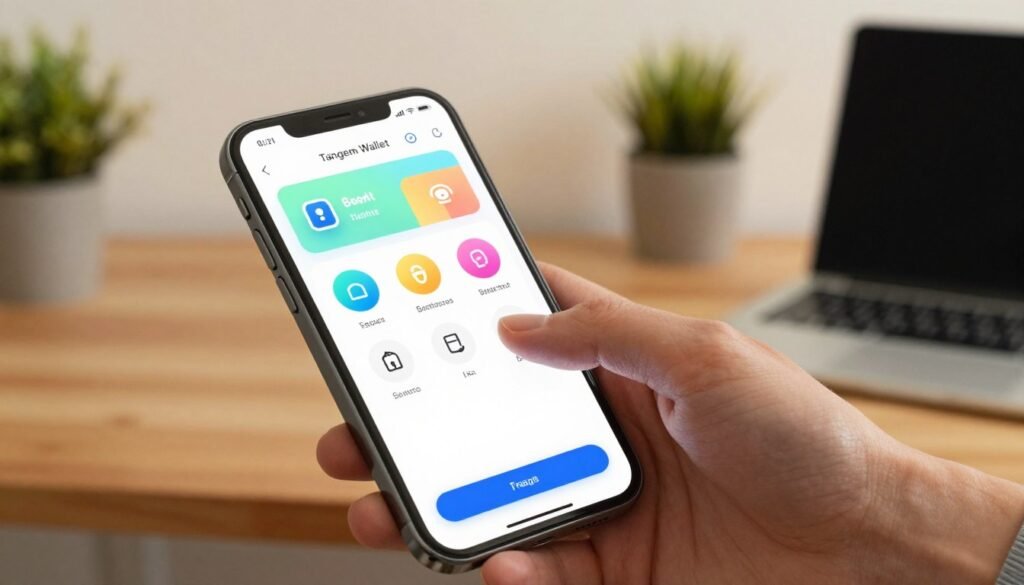 A modern app interface displayed on a sleek smartphone, showcasing the Tangem Wallet features. The foreground presents a close-up view of the smartphone featuring an intuitive and colorful app design, complete with icons for security, transactions, and balance overview. In the middle ground, a blurred hand interacts with the screen, executing a transaction gesture, emphasizing user engagement. The background features a softly lit, minimalist workspace with a wooden desk, plants, and a laptop, creating a professional and serene atmosphere. The lighting is warm and inviting, accentuating the device's screen, with reflections subtly enhancing the tech aesthetic. The entire scene conveys a sense of innovation, trust, and ease of use in daily financial management.
