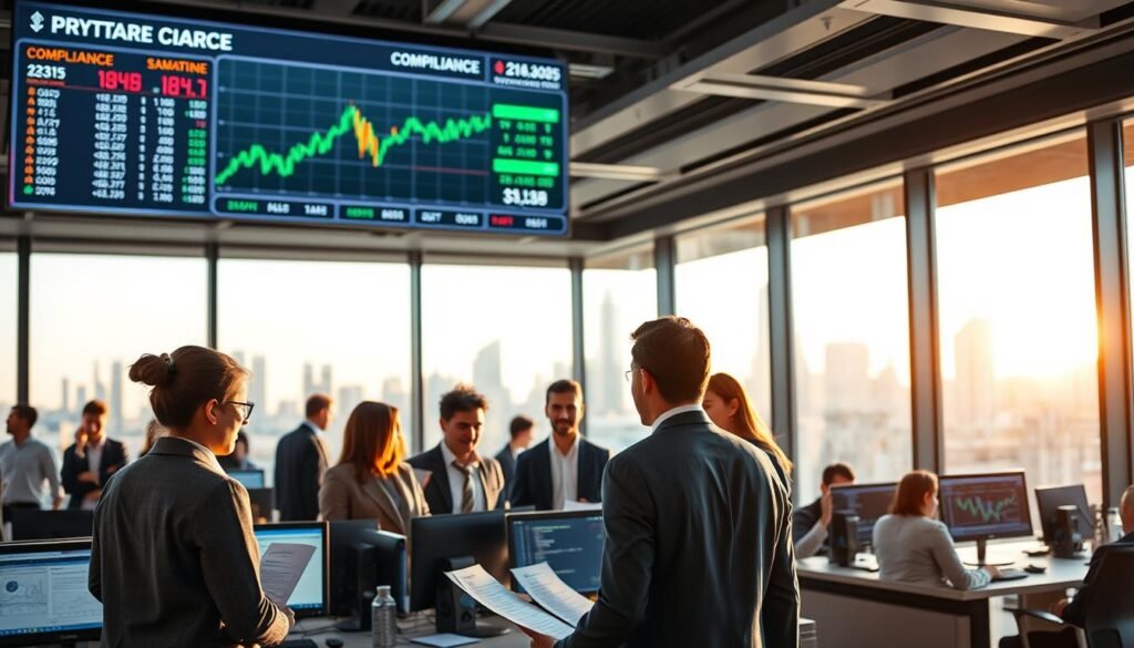 A modern cryptocurrency exchange office interior, featuring sleek design elements and a large digital display showing live market data and charts. In the foreground, a diverse group of professionals in business attire are engaged in a discussion, with visual elements that represent compliance, such as compliance checklists and regulatory documents. The middle ground showcases workstations with computers highlighting crypto transactions and security measures like firewalls. The background reveals large glass windows with a city skyline, bathed in soft, natural light during the day. The atmosphere is focused yet dynamic, capturing the essence of a bustling financial environment where compliance with crypto sanctions is paramount. The image conveys professionalism, urgency, and innovation in the financial technology sector.