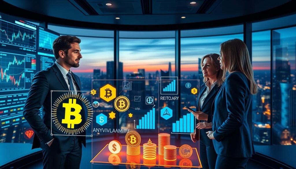 A modern digital asset market scene depicting diverse professionals in a sleek, high-tech environment. In the foreground, a group of three individuals in professional business attire (one male and two female) are engaged in a discussion, surrounded by digital screens displaying market trends, crypto icons, and regulatory charts. In the middle ground, various cryptocurrency symbols are illuminated on transparent panels, while data streams flow visually around them, illustrating the dynamic nature of market movements. The background features a futuristic office skyline with large windows showcasing the cityscape at twilight, where warm lighting contrasts with the cool blue hues of technology. The overall mood is collaborative and forward-thinking, symbolizing progress and cooperation across regulatory agencies. The angle is a slightly elevated view, providing depth and a panoramic perspective of this innovative workspace.