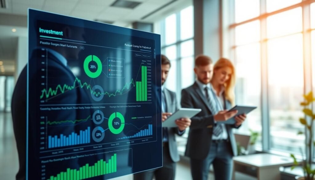 A modern digital investment platform interface is displayed prominently in the foreground, featuring sleek graphs, pie charts, and financial metrics, all rendered in a sophisticated blue and green color palette. In the middle ground, professional investors, dressed in business attire, are engaged in discussions and analyzing data on tablets and laptops, exuding a sense of focus and collaboration. The background includes a futuristic office setting with large windows, letting in natural light that creates a bright and positive atmosphere. The overall mood conveys professionalism and trust, with an emphasis on risk management and compliance. The perspective is slightly angled to give depth, as if looking over the shoulder of an investor, emphasizing the importance of due diligence in a high-stakes financial environment.