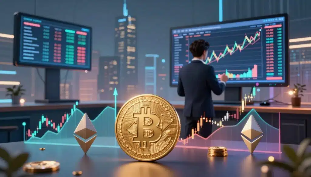 A modern digital landscape depicting market price crypto in a visually compelling manner. The foreground features stylized representations of various cryptocurrencies, such as Bitcoin and Ethereum, with dynamic price graphs emanating from them. In the middle ground, a professional analyst in business attire studies charts and displays of market trends, pivotal in the crypto landscape. The background showcases a futuristic city skyline with digital billboards displaying fluctuating prices and data analytics. Soft, ambient lighting sets a knowledgeable and optimistic mood, while subtle lens flares emphasize the digital essence of the environment. Capture this scene from a slightly elevated angle to convey depth and importance, ensuring that the focus remains on the interplay between technology and finance without any text or distractions. A modern digital landscape depicting market price crypto in a visually compelling manner. The foreground features stylized representations of various cryptocurrencies, such as Bitcoin and Ethereum, with dynamic price graphs emanating from them. In the middle ground, a professional analyst in business attire studies charts and displays of market trends, pivotal in the crypto landscape. The background showcases a futuristic city skyline with digital billboards displaying fluctuating prices and data analytics. Soft, ambient lighting sets a knowledgeable and optimistic mood, while subtle lens flares emphasize the digital essence of the environment. Capture this scene from a slightly elevated angle to convey depth and importance, ensuring that the focus remains on the interplay between technology and finance without any text or distractions.