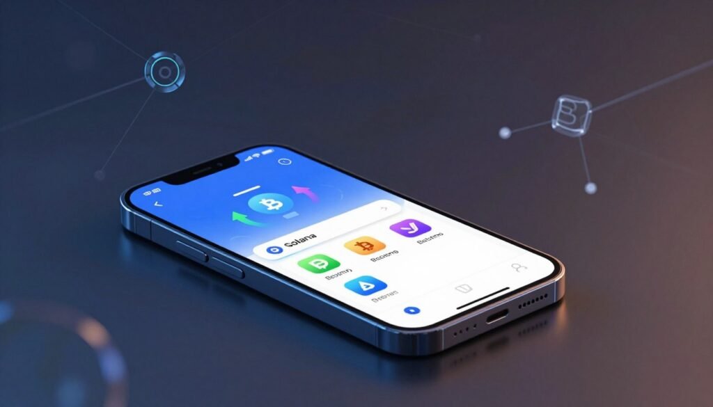 A modern digital wallet interface displayed prominently in the foreground, showcasing vibrant icons representing sending and receiving cryptocurrencies. The wallet screen features animated arrows to symbolize transactions alongside recognizable crypto logos like Solana. In the middle ground, a sleek smartphone lies on a stylish desk, its screen aglow with the wallet interface. Subtle reflections of light dance across the desk surface, enhancing the technological ambiance. The background offers an abstract representation of decentralized applications (dApps) with interconnected nodes and subtle overlays of blockchain aesthetics, giving a sense of exploration. The overall atmosphere is dynamic and professional, illuminated by cool, modern lighting, inviting users to engage with the digital finance world. A modern digital wallet interface displayed prominently in the foreground, showcasing vibrant icons representing sending and receiving cryptocurrencies. The wallet screen features animated arrows to symbolize transactions alongside recognizable crypto logos like Solana. In the middle ground, a sleek smartphone lies on a stylish desk, its screen aglow with the wallet interface. Subtle reflections of light dance across the desk surface, enhancing the technological ambiance. The background offers an abstract representation of decentralized applications (dApps) with interconnected nodes and subtle overlays of blockchain aesthetics, giving a sense of exploration. The overall atmosphere is dynamic and professional, illuminated by cool, modern lighting, inviting users to engage with the digital finance world.