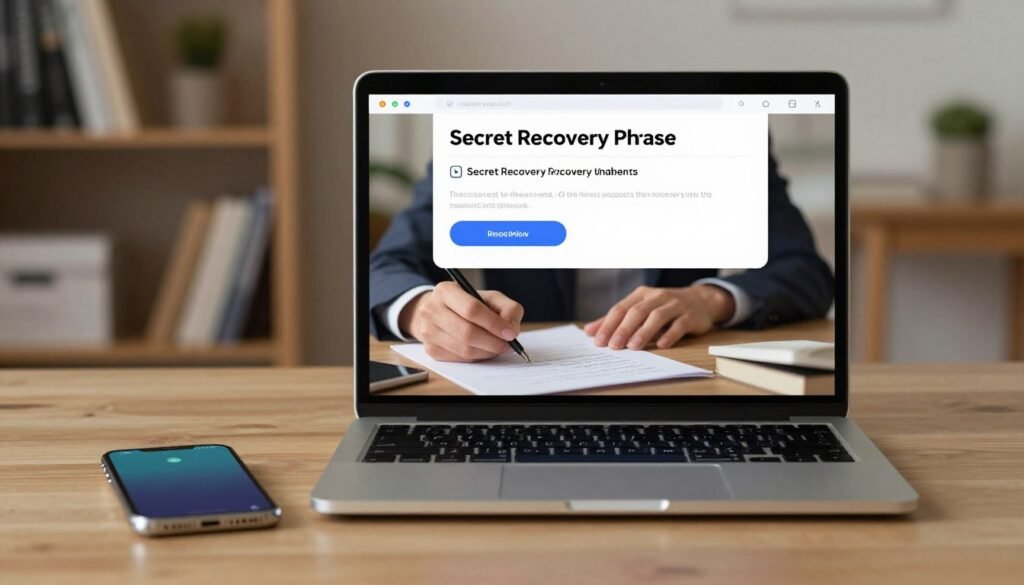 A modern digital wallet interface open on a sleek laptop, displaying a prominent "Secret Recovery Phrase" section. In the foreground, a well-organized workspace featuring a high-quality smartphone next to the laptop, emphasizing mobile access to the wallet. Soft ambient lighting creates a secure and inviting atmosphere, with warm tones illuminating the gadgetry. In the middle, a subtle reflection of a person’s hands, depicted in professional business attire, as they carefully write down the recovery phrase on a piece of paper. The background shows a blurred bookshelf filled with tech books and personal items, hinting at a tech-savvy ambiance. Use a shallow depth of field to focus on the wallet interface and recovery phrase, evoking a sense of importance and security in cryptocurrency management.