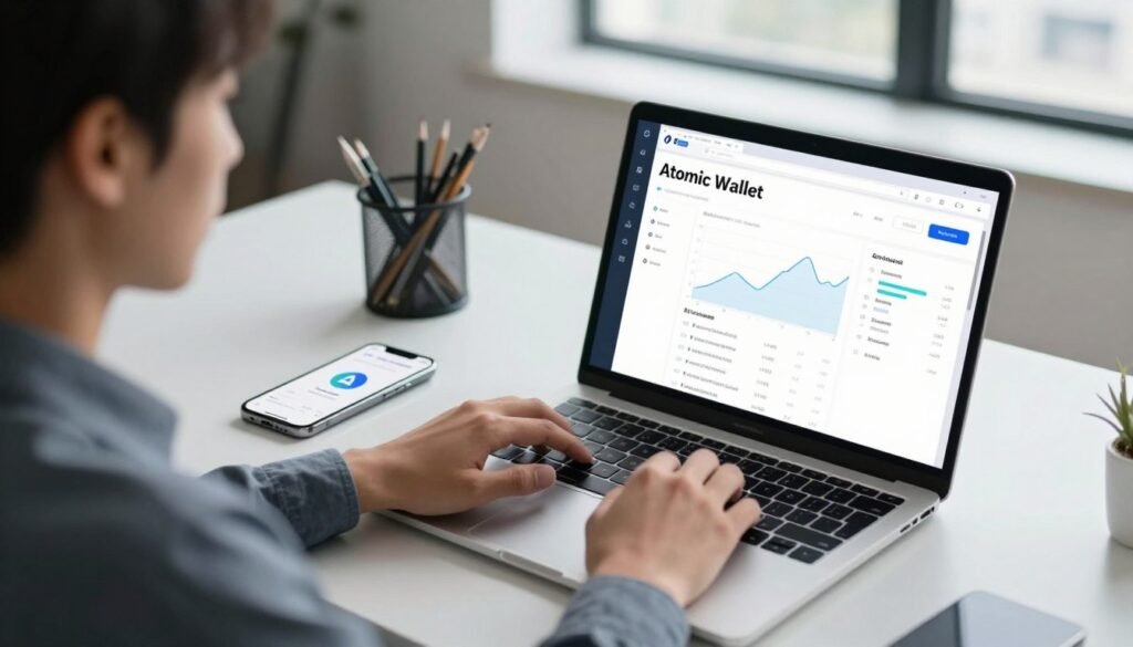 A modern digital workspace depicting the user experience of Atomic Wallet. In the foreground, a professional user in business attire operates a laptop displaying the Atomic Wallet interface, complete with dashboard elements like graphs, transaction history, and a navigation menu. The middle section includes a sleek, minimalist desk with office supplies and a smartphone showing the wallet app. The background features a clean office environment with soft diffused lighting, large windows allowing natural light, and a cityscape visible outside. The mood is focused and productive, conveying a sense of reliability and efficiency in digital financial management. The angle is slightly top-down, capturing the user’s engagement with the technology.