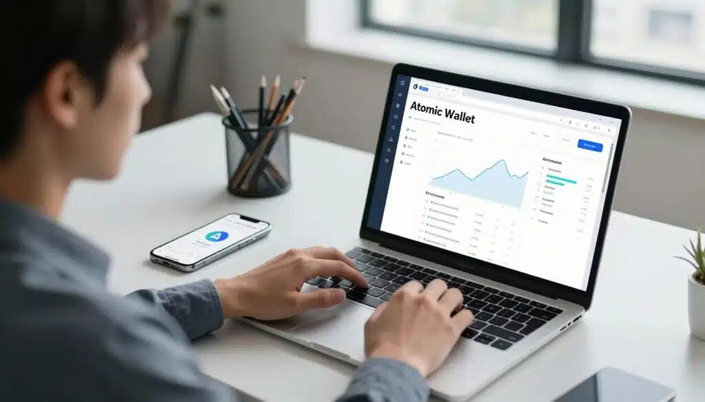A modern digital workspace depicting the user experience of Atomic Wallet. In the foreground, a professional user in business attire operates a laptop displaying the Atomic Wallet interface, complete with dashboard elements like graphs, transaction history, and a navigation menu. The middle section includes a sleek, minimalist desk with office supplies and a smartphone showing the wallet app. The background features a clean office environment with soft diffused lighting, large windows allowing natural light, and a cityscape visible outside. The mood is focused and productive, conveying a sense of reliability and efficiency in digital financial management. The angle is slightly top-down, capturing the user’s engagement with the technology. A modern digital workspace depicting the user experience of Atomic Wallet. In the foreground, a professional user in business attire operates a laptop displaying the Atomic Wallet interface, complete with dashboard elements like graphs, transaction history, and a navigation menu. The middle section includes a sleek, minimalist desk with office supplies and a smartphone showing the wallet app. The background features a clean office environment with soft diffused lighting, large windows allowing natural light, and a cityscape visible outside. The mood is focused and productive, conveying a sense of reliability and efficiency in digital financial management. The angle is slightly top-down, capturing the user’s engagement with the technology.