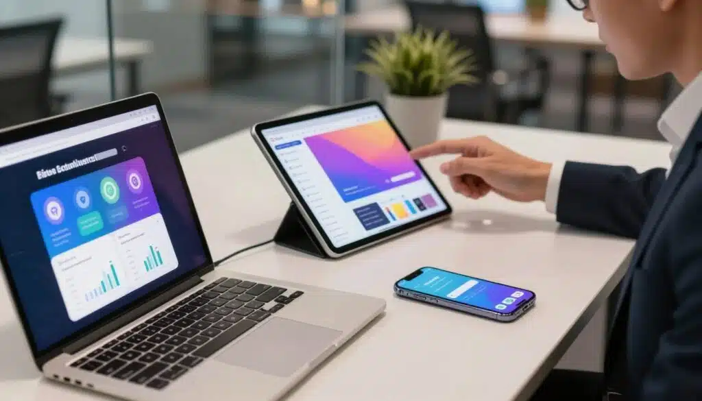 A modern digital workspace featuring various software wallets on multiple devices, including a sleek laptop, a tablet, and a smartphone, all displaying colorful, user-friendly interfaces. Foreground: close-up of a laptop screen showing a software wallet with vibrant cryptocurrency icons and graphs. Middle: a hands-on approach with a person in professional attire using the tablet, showing engagement. Background: a softly blurred office environment with warm lighting, subtle reflections on glass surfaces, and potted plants enhancing the atmosphere. The mood is focused and professional, perfect for a tech-savvy audience. The angle should be slightly elevated, offering a comprehensive view of the digital scene, with all devices connected to a secure internet source, emphasizing safety and accessibility in managing digital assets. A modern digital workspace featuring various software wallets on multiple devices, including a sleek laptop, a tablet, and a smartphone, all displaying colorful, user-friendly interfaces. Foreground: close-up of a laptop screen showing a software wallet with vibrant cryptocurrency icons and graphs. Middle: a hands-on approach with a person in professional attire using the tablet, showing engagement. Background: a softly blurred office environment with warm lighting, subtle reflections on glass surfaces, and potted plants enhancing the atmosphere. The mood is focused and professional, perfect for a tech-savvy audience. The angle should be slightly elevated, offering a comprehensive view of the digital scene, with all devices connected to a secure internet source, emphasizing safety and accessibility in managing digital assets.