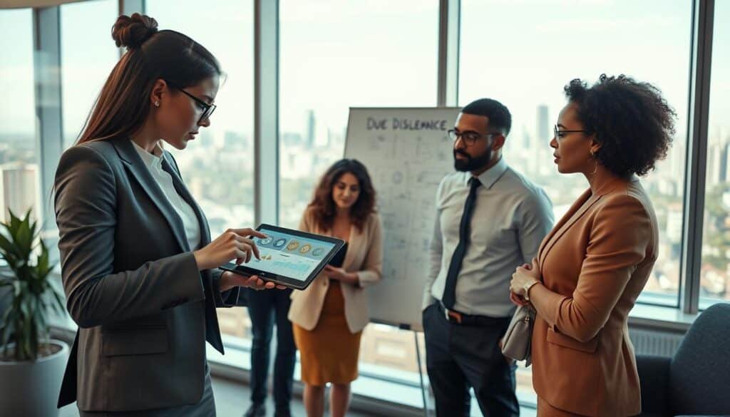 A modern office environment featuring a diverse group of professionals engaged in a discussion about Virtual Asset Service Providers (VASPs) and due diligence practices. In the foreground, a woman in a sleek business suit points at a digital tablet displaying data visualizations related to crypto transactions, while two other colleagues, a man and a woman, observe intently, all dressed in professional attire. The middle ground includes a large whiteboard filled with flowcharts and compliance guidelines, symbolizing information security. The background shows a city skyline through large windows, bathed in natural light, creating a productive atmosphere. The scene captures a sense of collaboration and concentration, emphasizing the importance of understanding VASP regulations in a high-stakes environment. The angle is slightly tilted to create dynamism and focus on the participants' interaction. A modern office environment featuring a diverse group of professionals engaged in a discussion about Virtual Asset Service Providers (VASPs) and due diligence practices. In the foreground, a woman in a sleek business suit points at a digital tablet displaying data visualizations related to crypto transactions, while two other colleagues, a man and a woman, observe intently, all dressed in professional attire. The middle ground includes a large whiteboard filled with flowcharts and compliance guidelines, symbolizing information security. The background shows a city skyline through large windows, bathed in natural light, creating a productive atmosphere. The scene captures a sense of collaboration and concentration, emphasizing the importance of understanding VASP regulations in a high-stakes environment. The angle is slightly tilted to create dynamism and focus on the participants' interaction.