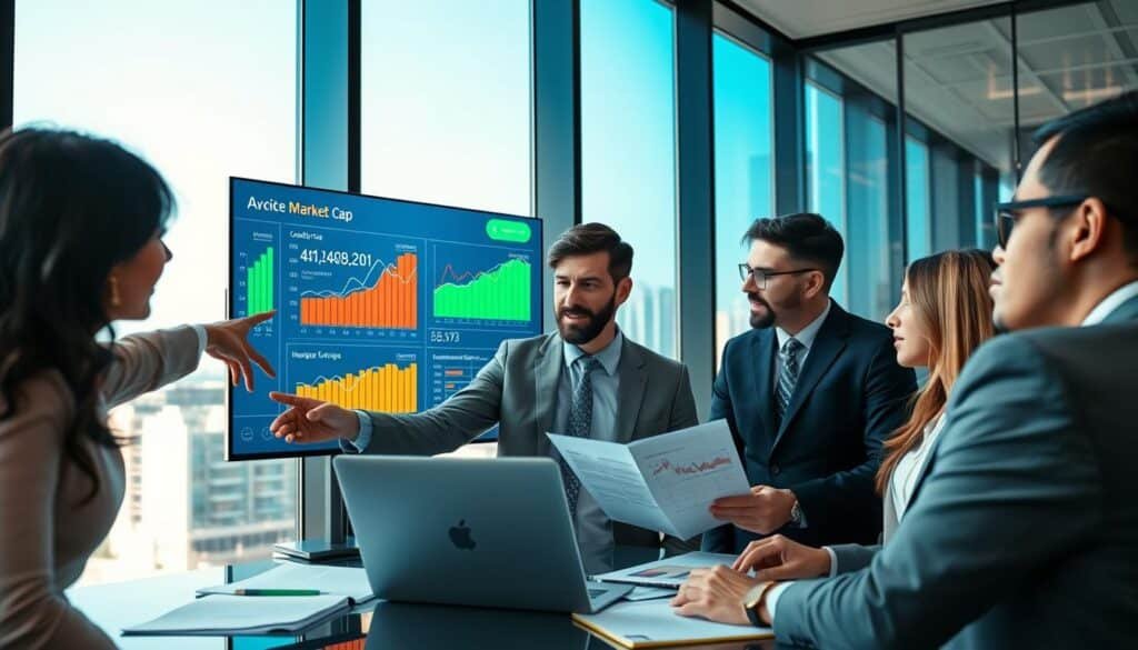 A modern office environment showcasing a group of diverse investors in professional business attire engaged in a discussion about cryptocurrency investments. In the foreground, a diverse middle-aged woman points at a digital screen displaying vibrant charts and graphs that represent market cap data, reflecting a sense of concentration and collaboration. In the middle ground, a young man is analyzing a laptop with statistics on liquidity, surrounded by financial documents and colorful notes. The background features large windows with a city skyline view, bathed in warm natural light, creating a bright and optimistic atmosphere. The overall mood is professional and focused, emphasizing teamwork and strategy in the booming cryptocurrency market.