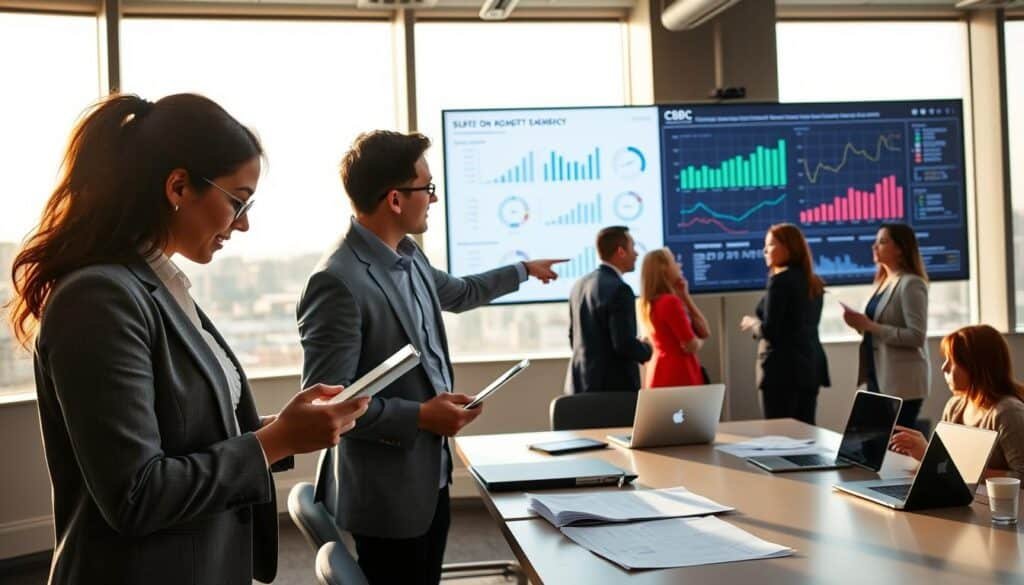 A modern office environment showcasing a group of diverse professionals engaged in research on Central Bank Digital Currency (CBDC) and payment systems. In the foreground, a woman in professional attire analyzes data on a digital tablet, while a man beside her points to a large wall screen displaying graphs and charts related to payment trends. In the middle ground, a conference table with reports, documents, and laptops indicates ongoing discussions. The background features large windows with a city skyline visible, bathed in soft, natural light conveying a sense of innovation and focus. The atmosphere is dynamic and collaborative, emphasizing the importance of the Federal Reserve's role in shaping the future of money. The image is shot at an angle to capture both the individuals and the high-tech environment.