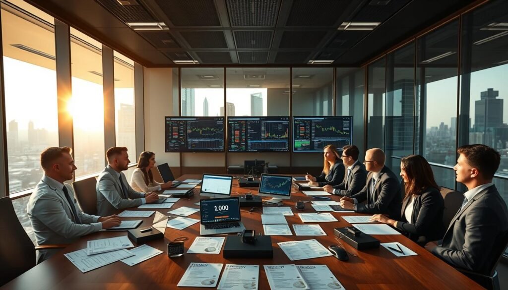 A modern office environment showcasing the concept of custody in the digital asset market. In the foreground, a diverse group of professionals in smart business attire are engaged in discussion around a large table filled with cryptocurrency charts and compliance documents. The middle ground features multiple computer screens displaying various crypto trading platforms and compliance statuses. The background shows a sleek, glass-walled conference room with city skyline views, bathed in warm, natural light streaming through the windows. The atmosphere is focused and dynamic, emphasizing collaboration and the seriousness of custody and compliance in the rapidly evolving crypto landscape. Use a wide-angle lens perspective to capture the entire scene effectively.