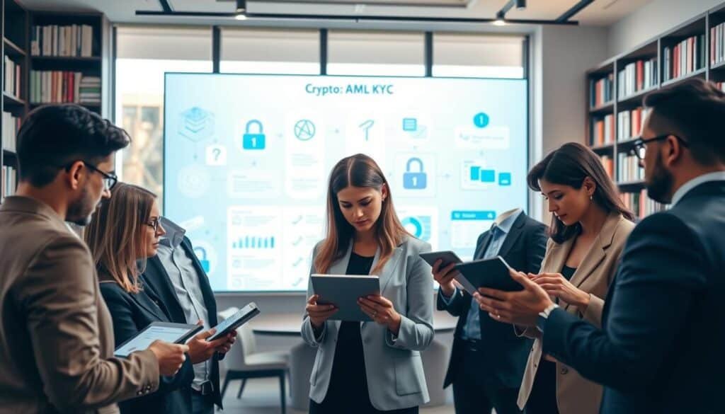 A modern office environment showcasing the theme of "crypto AML KYC requirements." In the foreground, a diverse group of professionals in business attire engage in discussion, examining digital documents on tablets with clear focus. In the middle, a large screen displays abstract graphics representing blockchain technology, compliance checklists, and secure data flows. The background features a stylish meeting room with shelves filled with books on finance and technology, framed by large windows that let in soft, natural light, creating a bright and open atmosphere. The overall mood is one of professionalism and diligence, emphasizing the importance of regulatory compliance in the cryptocurrency space. Soft focus on the background enhances depth while keeping attention on the professionals and their interactive processes.