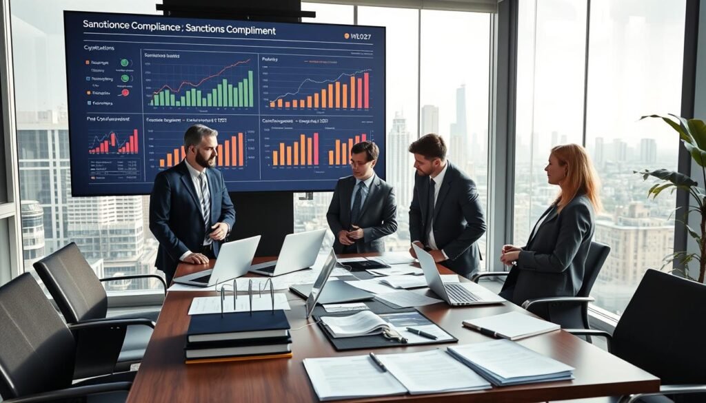 A modern office environment with a large screen displaying graphs and charts related to cryptocurrency and sanctions compliance. In the foreground, a diverse group of business professionals in formal attire—two men and one woman—are engaged in a discussion around a table filled with laptops, legal documents, and compliance checklists. The middle ground features a stylish desk with financial reports and regulatory books, while the background shows an urban skyline through large glass windows, with soft, natural light filtering in, creating a bright, optimistic atmosphere. The scene conveys a sense of focus, diligence, and collaboration, emphasizing the importance of adhering to regulations in the crypto space.