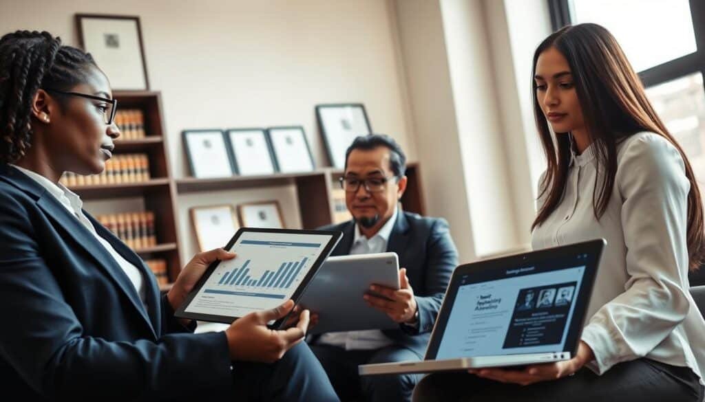 A modern office setting as the backdrop, showcasing a diverse group of three professionals engaged in a serious discussion about reporting authorities. In the foreground, a Black woman in a tailored navy suit points at a chart on a tablet, while a Hispanic man in glasses takes notes on a notepad. An Asian woman in a crisp white blouse sits nearby, examining a laptop displaying data on scams. The middle ground features shelves lined with law books and framed certificates, creating an authoritative atmosphere. Soft, natural light streams in through large windows, casting a warm glow on the scene. The camera angle is slightly tilted upward, giving a sense of urgency and focus to the professionals as they collaborate on important legal options. The mood is serious yet hopeful, emphasizing the importance of community support in combating scams. A modern office setting as the backdrop, showcasing a diverse group of three professionals engaged in a serious discussion about reporting authorities. In the foreground, a Black woman in a tailored navy suit points at a chart on a tablet, while a Hispanic man in glasses takes notes on a notepad. An Asian woman in a crisp white blouse sits nearby, examining a laptop displaying data on scams. The middle ground features shelves lined with law books and framed certificates, creating an authoritative atmosphere. Soft, natural light streams in through large windows, casting a warm glow on the scene. The camera angle is slightly tilted upward, giving a sense of urgency and focus to the professionals as they collaborate on important legal options. The mood is serious yet hopeful, emphasizing the importance of community support in combating scams.