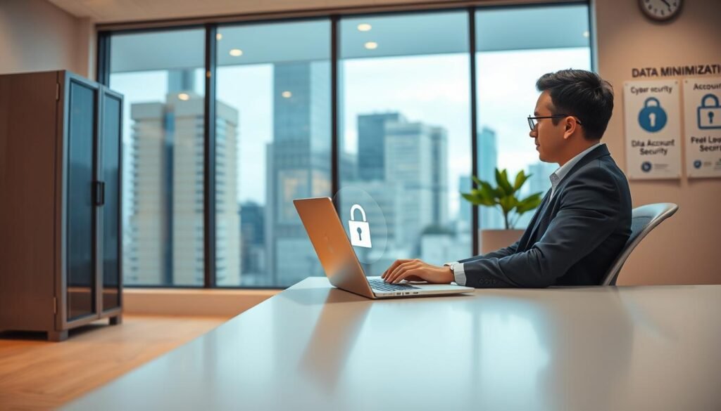 A modern office setting, emphasizing privacy and security. In the foreground, a professional individual in business attire is sitting at a sleek desk, diligently working on a laptop with a padlock symbol displayed on the screen, symbolizing data protection. The middle ground includes a large, clear window with subtle reflections of cityscape buildings, demonstrating a blend of professionalism and security. Background elements include a secure server cabinet and posters on the wall depicting cybersecurity measures, like "Data Minimization" and "Account Security." Soft, focused lighting highlights the workspace, while a warm, reassuring color palette creates a calm atmosphere, invoking a sense of safety and vigilance in protecting personal information. A modern office setting, emphasizing privacy and security. In the foreground, a professional individual in business attire is sitting at a sleek desk, diligently working on a laptop with a padlock symbol displayed on the screen, symbolizing data protection. The middle ground includes a large, clear window with subtle reflections of cityscape buildings, demonstrating a blend of professionalism and security. Background elements include a secure server cabinet and posters on the wall depicting cybersecurity measures, like "Data Minimization" and "Account Security." Soft, focused lighting highlights the workspace, while a warm, reassuring color palette creates a calm atmosphere, invoking a sense of safety and vigilance in protecting personal information.