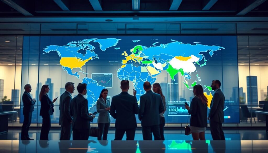 A modern office setting showcasing a detailed digital world map illuminated by soft blue and green lighting. In the foreground, a diverse group of professionals, wearing business attire, engage in a discussion about cryptocurrency regulations, with one pointing to specific countries on the map. The map highlights countries where Bitcoin is legal but not legal tender, using vibrant colors to distinguish these regions. In the middle ground, a high-tech display board shows financial graphs and data on Bitcoin legality, with blurred outlines of skyscrapers in the background. The atmosphere is focused and dynamic, emphasizing collaboration and innovation in the financial sector, captured with a wide-angle lens to enhance depth and perspective.