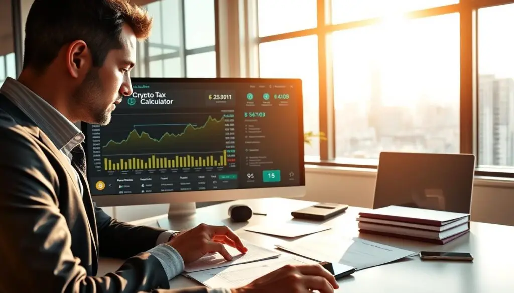 A modern office setting showcasing a digital crypto tax calculator interface on a sleek computer screen, with financial graphs and crypto icons prominently displayed. In the foreground, a focused professional in smart business attire interacts with the calculator, eyes intently on the screen, reflecting determination and precision. The middle ground features a tidy desk with tax-related documents and a smartphone, emphasizing organization. The background contains a large window allowing warm sunlight to pour in, creating an inviting atmosphere while hinting at a bustling city outside. The overall lighting is bright yet soft, enhancing clarity and a sense of productivity. The mood is one of confidence and efficiency, perfectly aligned with the themes of accuracy, integrations, and comprehensive reports.