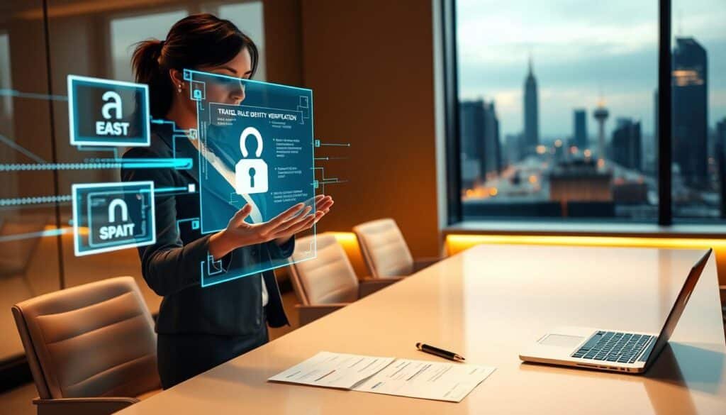 A modern office setting showcasing a digital interface representing "Travel Rule Identity Verification" for Virtual Asset Service Providers (VASPs). In the foreground, a professional woman in business attire is interacting with a holographic display, examining a flow of encrypted data. The middle ground features a sleek desk with financial documents and a laptop, illuminated by soft, ambient lighting that conveys a sense of innovation. The background shows a city skyline through a large window, symbolizing global connectivity and regulation. A warm yet focused atmosphere pervades the scene, highlighting the importance of identity verification in crypto compliance. The angle captures the action from a slightly elevated viewpoint, emphasizing the high-tech nature of the process.