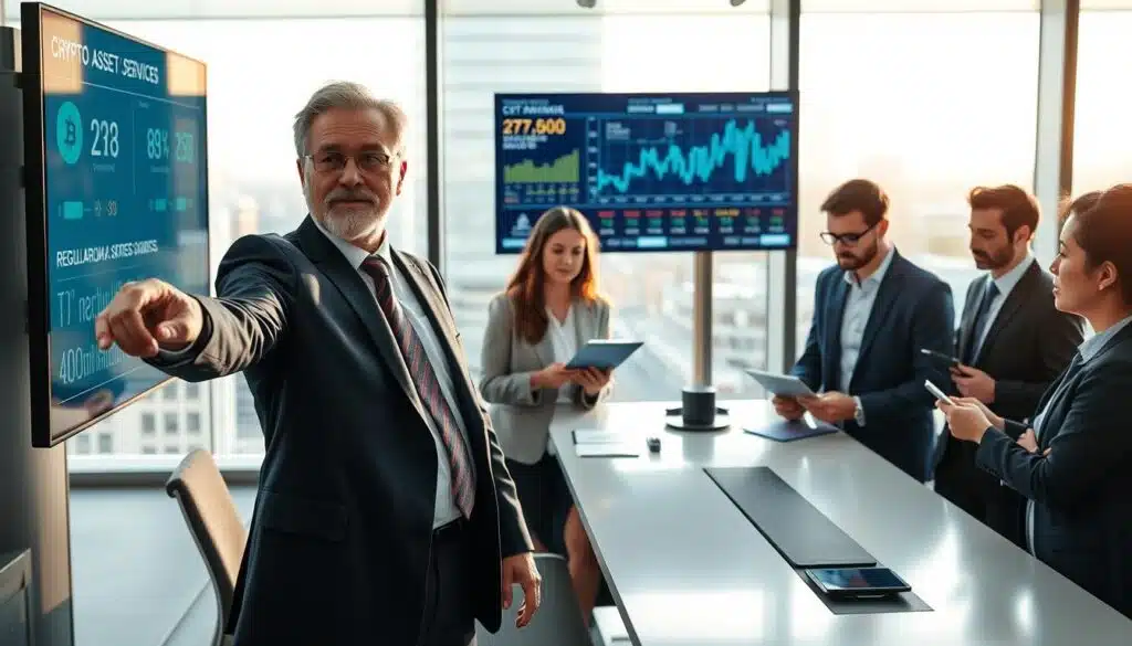 A modern office setting showcasing diverse professionals engaged in discussions about crypto-asset services. In the foreground, a focused middle-aged man in a suit points at a digital screen displaying cryptocurrency statistics and regulatory charts. In the middle ground, a young woman in business attire takes notes while another colleague, dressed smartly, manages a tablet. The background features a large window with city views, bathed in soft daylight, enhancing the atmosphere of innovation and professionalism. Add elements like a sleek conference table, subtle technological decor, and futuristic design elements to convey a high-tech feel. The mood is collaborative, dynamic, and forward-looking, reflecting the evolving landscape of crypto-asset regulations in Europe.