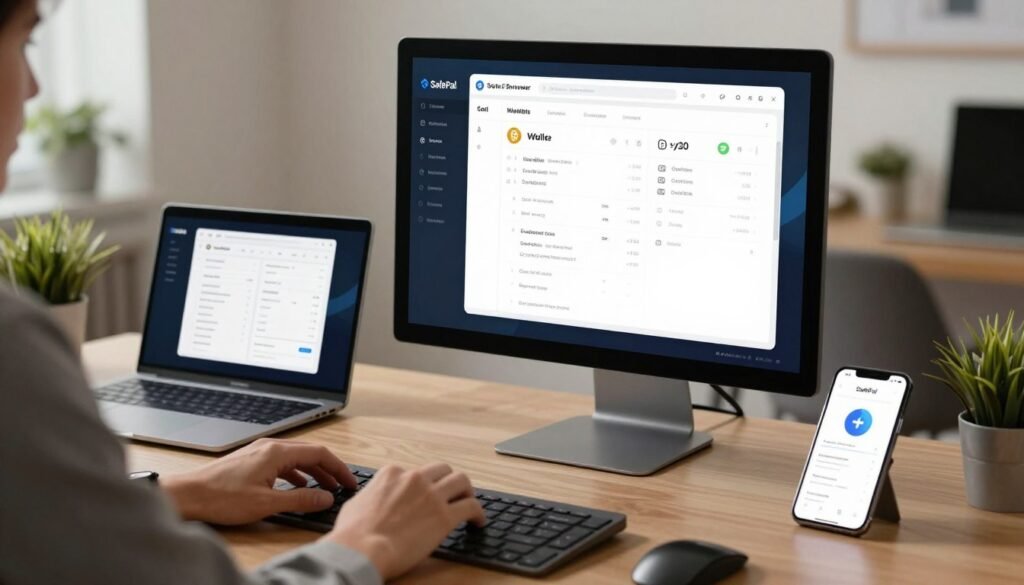 A modern, sleek computer desktop setup showcasing the SafePal browser extension interface on a large monitor. In the foreground, a user’s hands, dressed in professional business attire, interact with the screen, navigating a dynamic wallet management dashboard, displaying cryptocurrency balances and transaction options. The middle ground features a stylish laptop open next to a smartphone running the SafePal app, reflecting a cohesive digital ecosystem. The background showcases a contemporary office with soft, warm lighting and subtle greenery, creating a calm and secure atmosphere. Use a slightly blurred focus on the background to emphasize the high-tech devices in the foreground. The overall mood is professional and innovative, highlighting the integration of technology in secure crypto management.