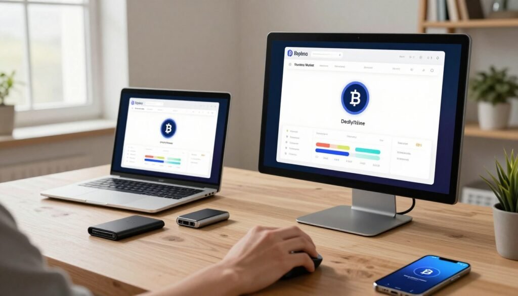 A modern, sleek desktop setup featuring an advanced cryptocurrency wallet interface on a high-resolution monitor. In the foreground, a hand casually navigates the wallet application using a sleek mouse, showcasing user-friendly features and vibrant graphs. The middle ground features a stylish laptop with a similar interface, reflecting seamless cross-device usability. On the desk, a few hardware wallets and a smartphone with the wallet app open add to the composition, illustrating the interconnected ecosystem. Soft, natural lighting filters in from a nearby window, casting a warm glow over the workspace. The background includes a minimalist bookshelf and a plant, creating an inviting, productive atmosphere, emphasizing technology and ease of use. The scene conveys a sense of professionalism and innovation, perfect for a tech-savvy audience.
