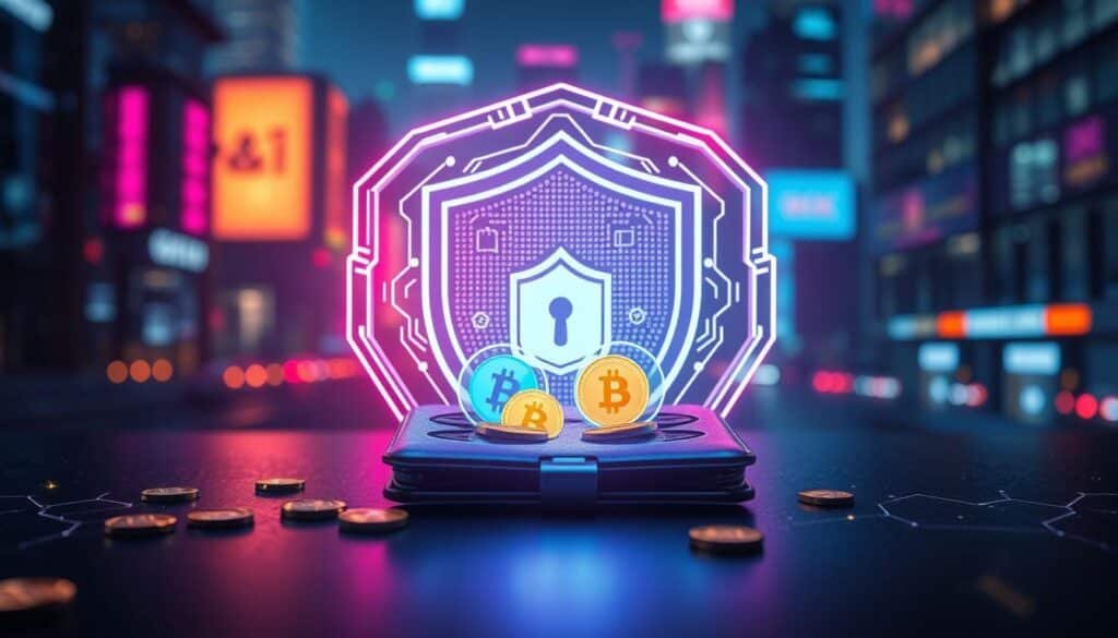A modern, sleek wallet lies open in the foreground, showcasing digital currency icons that symbolize security and privacy. Surrounding the wallet, a protective shield made of glowing circuitry encompasses it, representing advanced technology in safeguarding against digital threats. In the middle ground, visual representations of common dusting attack elements—such as scattered coins and digital hexagons—are blurred to convey the idea of risk. The background features a futuristic cityscape with vibrant neon lights, emphasizing the digital environment in which these transactions take place. The overall atmosphere is serious yet hopeful, illuminated by soft, ambient lighting from the wallet’s glow, creating a sense of security and innovation. Use a wide-angle lens to capture the depth of the scene effectively.
