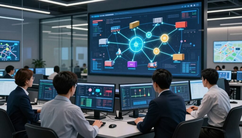 A modern supply chain control room showcasing blockchain traceability. In the foreground, a diverse group of three professionals, dressed in smart business attire, are examining digital dashboards displaying interconnected supply chain nodes and data streams. In the middle ground, a large, high-tech screen illustrates a network of product movements with glowing blockchain links connecting warehouses, shipping containers, and retail locations. The background features a sophisticated workspace with transparent glass walls, filled with digital displays and logistical maps. Soft, ambient lighting accents the sleek technology, while vibrant colors symbolize data flow. The atmosphere is one of innovation and efficiency, highlighting the transformative impact of blockchain in supply chain management.