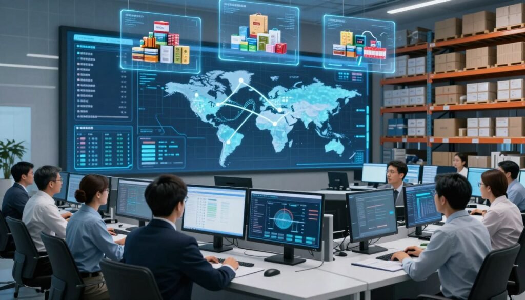 A modern supply chain control room, showcasing transparency and traceability. In the foreground, a diverse group of professionals dressed in business attire examine real-time data on large digital screens, with holographic images of product journeys displayed above them. The middle ground features a detailed digital map illustrating global logistics routes, with connecting lines depicting the flow of goods. In the background, warehouse shelves organized with labeled boxes, symbolizing authenticity and order. The room is brightly lit with soft blue tones, creating a high-tech atmosphere. The angle is slightly elevated to capture the interaction between the team and the digital displays, enhancing the sense of collaboration and innovation in supply chain management.