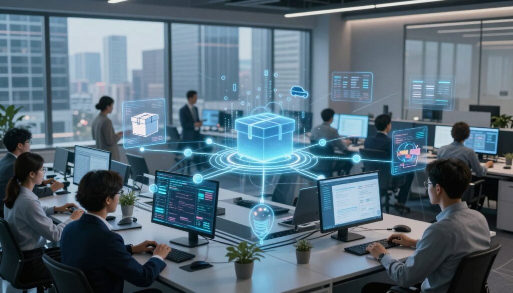 A modern supply chain network visualization, set in a sleek, high-tech office environment. In the foreground, professionals in smart business attire analyze digital interfaces displaying interconnected nodes and blockchain data flows. The middle ground features holographic supply chain elements, such as boxes, shipping routes, and digital contracts, all interconnected by glowing lines representing blockchain technology. In the background, a large window reveals a bustling cityscape, symbolizing economic growth and innovation in the U.S. The scene is illuminated by soft, ambient lighting, creating a productive and dynamic atmosphere. The camera angle is slightly elevated, capturing the essence of teamwork and technological advancement in enterprise blockchain.