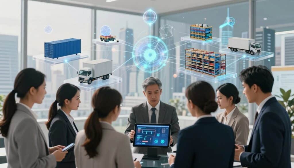 A modern supply chain scene, showcasing interconnectedness and efficiency through a blockchain network. In the foreground, a diverse team of professionals in business attire collaborates around a digital tablet displaying supply chain data. The middle ground features transparent supply chain elements, such as shipping containers, transport vehicles, and warehouse operations, all interconnected by glowing blockchain nodes. In the background, a futuristic city skyline outlines the setting, emphasizing innovation and technology. Soft, natural lighting casts a professional atmosphere, enhancing the sense of collaboration and progress. The overall mood conveys optimism and forward-thinking in supply chain management, illustrating the transformative impact of blockchain technology.