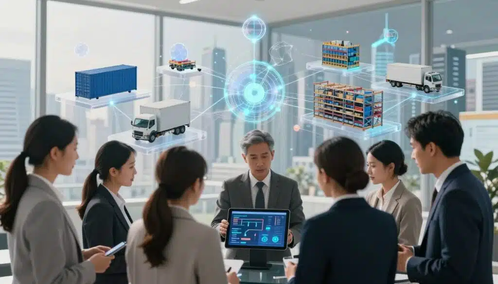 A modern supply chain scene, showcasing interconnectedness and efficiency through a blockchain network. In the foreground, a diverse team of professionals in business attire collaborates around a digital tablet displaying supply chain data. The middle ground features transparent supply chain elements, such as shipping containers, transport vehicles, and warehouse operations, all interconnected by glowing blockchain nodes. In the background, a futuristic city skyline outlines the setting, emphasizing innovation and technology. Soft, natural lighting casts a professional atmosphere, enhancing the sense of collaboration and progress. The overall mood conveys optimism and forward-thinking in supply chain management, illustrating the transformative impact of blockchain technology. A modern supply chain scene, showcasing interconnectedness and efficiency through a blockchain network. In the foreground, a diverse team of professionals in business attire collaborates around a digital tablet displaying supply chain data. The middle ground features transparent supply chain elements, such as shipping containers, transport vehicles, and warehouse operations, all interconnected by glowing blockchain nodes. In the background, a futuristic city skyline outlines the setting, emphasizing innovation and technology. Soft, natural lighting casts a professional atmosphere, enhancing the sense of collaboration and progress. The overall mood conveys optimism and forward-thinking in supply chain management, illustrating the transformative impact of blockchain technology.