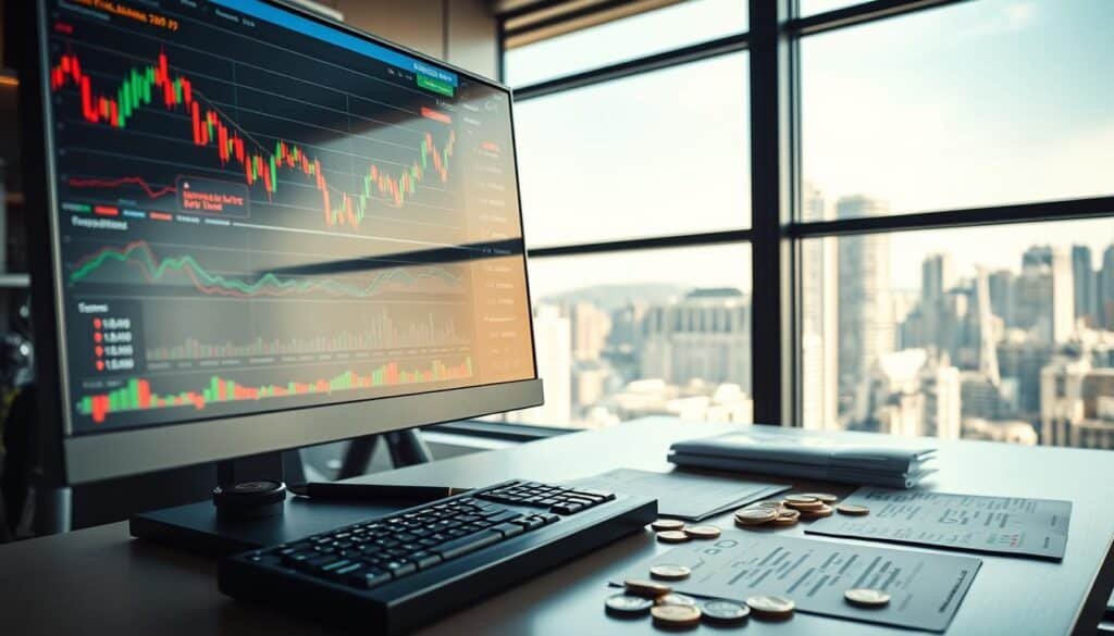 A modern trading workspace showcasing cryptocurrency market internals. In the foreground, a high-tech computer monitor displays dynamic TradingView charts filled with vibrant line graphs, candlestick patterns, and various colored indicators highlighting gainers and losers. The middle ground features a sleek, professional desk with cryptocurrency tokens and financial reports scattered about, conveying an analytical atmosphere. The background includes large windows letting in soft, natural light, illuminating the room and reflecting a bustling cityscape, symbolizing the financial market's vibrancy. The overall mood is focused and energetic, emphasizing the importance of data analysis in cryptocurrency trading. Capture the image from a slightly elevated angle to provide a comprehensive view of the setup. A modern trading workspace showcasing cryptocurrency market internals. In the foreground, a high-tech computer monitor displays dynamic TradingView charts filled with vibrant line graphs, candlestick patterns, and various colored indicators highlighting gainers and losers. The middle ground features a sleek, professional desk with cryptocurrency tokens and financial reports scattered about, conveying an analytical atmosphere. The background includes large windows letting in soft, natural light, illuminating the room and reflecting a bustling cityscape, symbolizing the financial market's vibrancy. The overall mood is focused and energetic, emphasizing the importance of data analysis in cryptocurrency trading. Capture the image from a slightly elevated angle to provide a comprehensive view of the setup.