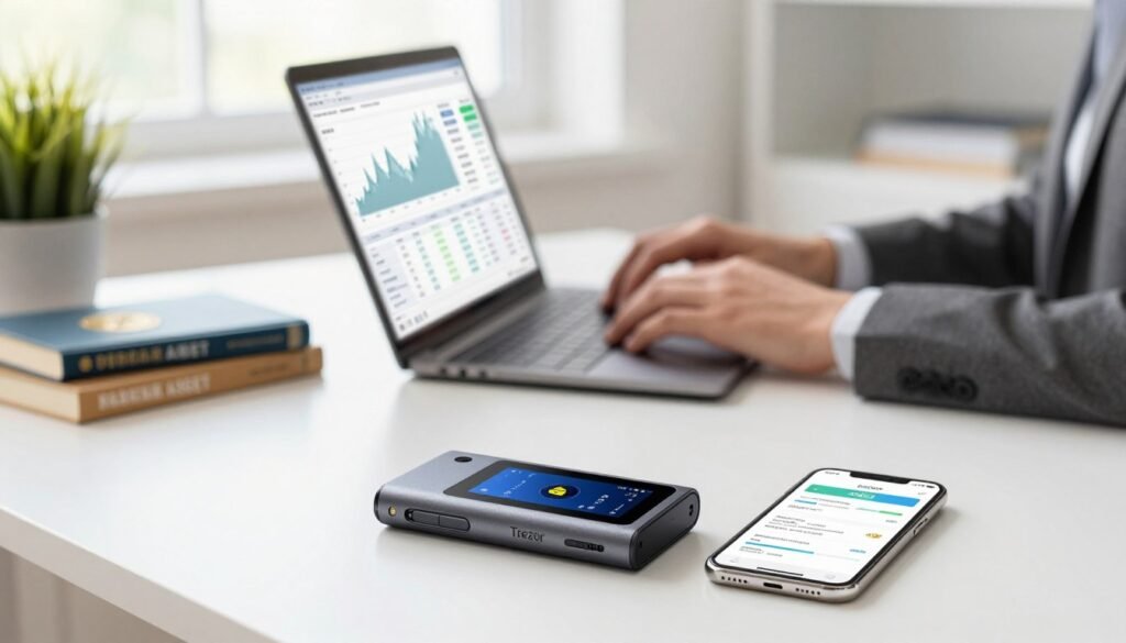 A modern workspace scene showcasing digital asset management. In the foreground, a sleek, open Trezor hardware wallet with a digital screen displaying cryptocurrency balances, accompanied by a smartphone showing transaction confirmations. In the middle ground, a professional individual in business attire is attentively reviewing a laptop with financial graphs and transaction histories. The background features a well-organized desk with cryptocurrency books and a potted plant, with a soft, diffused daylight streaming through a window, creating a bright and inviting atmosphere. The image should evoke a sense of security and professionalism in financial management, with a focus on clarity and organization.