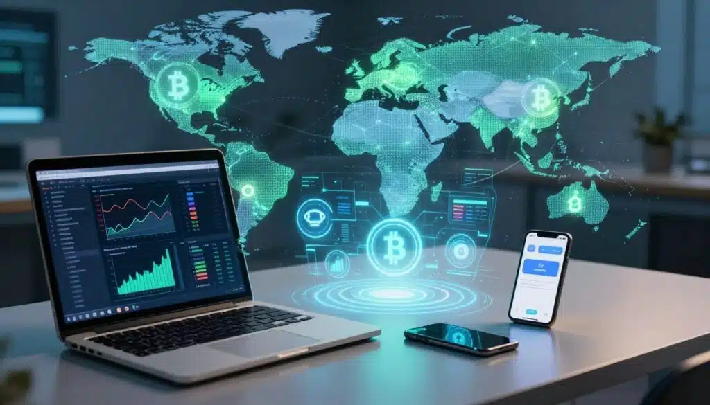 A modern workspace showcasing an array of data analytics tools and crypto symbols. In the foreground, a sleek laptop with graphs and codes displayed on the screen, next to a smartphone showing a crypto wallet app. On the middle layer, a futuristic holographic interface projecting various AI agent tokens and their performance metrics. The background features a digital world map with glowing nodes representing global crypto connections, softly illuminated by cool blue and green tones, enhancing the tech-savvy atmosphere. Soft ambient lighting casts gentle reflections, creating a sense of depth. The image should feel dynamic and innovative, emphasizing the intersection of artificial intelligence and cryptocurrency.