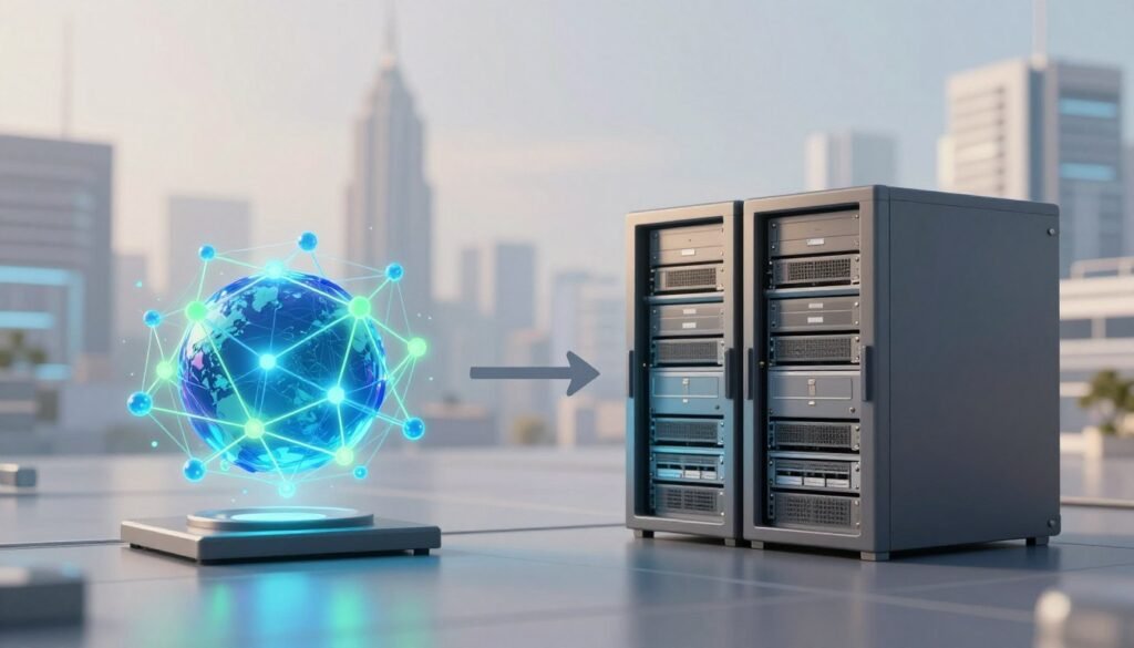 A professional and visually engaging comparison between blockchain ledgers and traditional databases. In the foreground, depict a sleek, modern blockchain ledger represented as an interconnected network of glowing nodes, with vibrant blue and green hues suggesting security and innovation. In contrast, illustrate a traditional database as a structured, rectangular server rack, depicted in muted tones of gray and beige to signify stability. In the middle ground, add subtle visual indicators like arrows or lines connecting both structures, symbolizing their differences and interactions. The background should feature a futuristic cityscape with soft, diffused lighting to create a tech-forward atmosphere. Use a wide-angle perspective to capture the entire scene, emphasizing the contrast between the two technologies while ensuring a clean, professional look devoid of any text or branding elements.