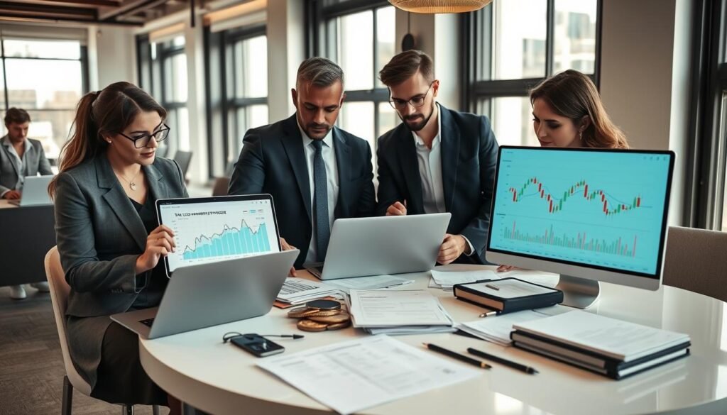 A professional business setting showcasing a diverse group of individuals analyzing cryptocurrency data on laptops and tablets. In the foreground, a focused woman in business attire reviews a graph illustrating tax loss harvesting strategies, while a man nearby discusses with her, pointing at a digital chart displaying fluctuating crypto prices. In the middle ground, an elegant round table is cluttered with papers, spreadsheets, and financial reports. The background features a modern office with large windows allowing natural light to stream in, casting soft shadows and creating an atmosphere of concentration and collaboration. The scene exudes a mood of determination and strategic planning, emphasizing the importance of informed financial decisions in crypto investments.