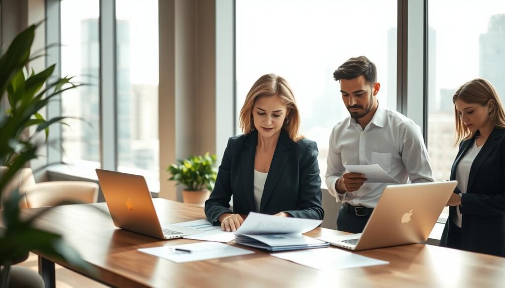 A professional business setting showcasing a group of diverse investors engaged in practical due diligence. In the foreground, a middle-aged woman in a tailored black blazer is analyzing financial documents on a sleek wooden table. To her left, a young man in a crisp white shirt is using a laptop, looking at cryptocurrency charts. The background features a large window with urban cityscape views that flood the room with natural light. Soft shadows create a warm atmosphere, suggesting an air of seriousness yet approachability. The color palette consists of neutral tones with splashes of green plants, enhancing the focus on diligence and attention to detail in financial decisions.