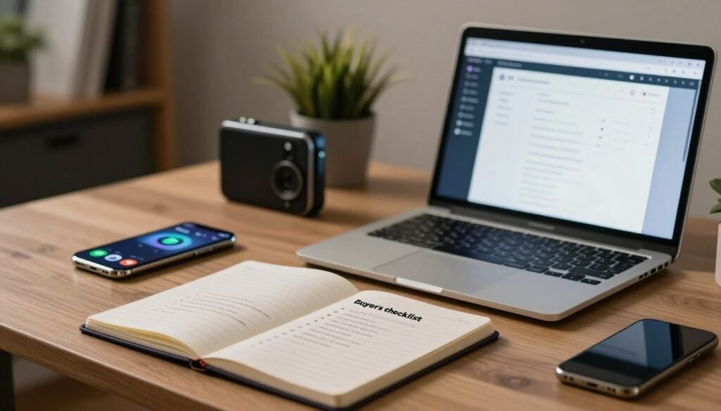 A professional buyer's checklist for selecting an AI-enhanced crypto wallet, depicted as an organized desk setting. In the foreground, a sleek notebook with neatly written bullet points and the checklist prominently displayed. Beside it, a modern laptop showing a crypto wallet interface, illuminated by soft ambient lighting. In the middle ground, stylish tech gadgets and a smartphone with crypto-related applications, creating a high-tech, secure atmosphere. The background features blurred office elements, such as a plant and a bookshelf, conveying a professional environment. The lighting is warm and inviting, enhancing the feeling of security and trust, while a shallow depth of field focuses on the checklist and devices. The overall mood is one of diligence and professionalism, perfect for making informed financial decisions. A professional buyer's checklist for selecting an AI-enhanced crypto wallet, depicted as an organized desk setting. In the foreground, a sleek notebook with neatly written bullet points and the checklist prominently displayed. Beside it, a modern laptop showing a crypto wallet interface, illuminated by soft ambient lighting. In the middle ground, stylish tech gadgets and a smartphone with crypto-related applications, creating a high-tech, secure atmosphere. The background features blurred office elements, such as a plant and a bookshelf, conveying a professional environment. The lighting is warm and inviting, enhancing the feeling of security and trust, while a shallow depth of field focuses on the checklist and devices. The overall mood is one of diligence and professionalism, perfect for making informed financial decisions.