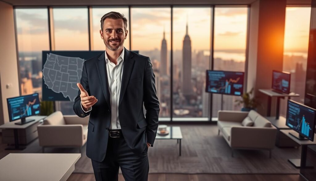 A professional, engaging scene depicting Paul Atkins, a key figure in cryptocurrency regulation, standing confidently in a modern office environment. In the foreground, he is dressed in a sharp navy suit and a crisp white shirt, gesturing towards a digital map of the U.S. highlighting SEC districts and crypto task forces. In the middle ground, a large window reveals a cityscape, symbolizing the bustling financial center of the U.S. The background features sleek, minimalist office furniture and glowing monitors displaying data analytics related to crypto regulations. Soft, focused lighting accentuates the subject, creating a serious yet optimistic mood. The angle captures a dynamic perspective, emphasizing both authority and the forward-thinking nature of current regulations.