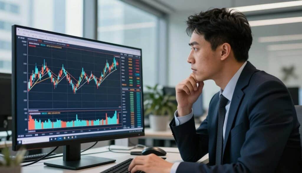 A professional financial analyst in a modern office setting, dressed in smart business attire, focuses intently on a large screen displaying the MACD indicator chart. In the foreground, a close-up of the screen shows detailed candlesticks, exponential moving averages, and the MACD line with clear, contrasting colors for visibility. The middle ground features the analyst examining the screen, with a thoughtful expression that conveys concentration and expertise. The background includes sleek office elements like a glass window overlooking a cityscape, filled with soft, natural lighting that emphasizes a productive atmosphere. The mood is focused and analytical, creating a sense of dedication to mastering the MACD indicator.